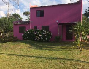 拉帕洛马La Rosada的前面有鲜花的粉红色房子
