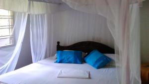 希克杜沃Nimal`s Homestay的一张带两个蓝色枕头的白色床