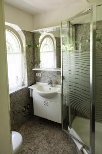 莱茵河畔威尔Ferienwohnung Fessler的一间带水槽和玻璃淋浴的浴室