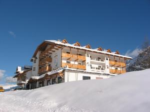 帕索圣佩莱格里诺克里斯塔洛酒店 的雪覆盖的斜坡顶部的建筑物