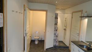 埃贝尔托夫特Three-Bedroom Holiday Home in Ebeltoft的一间带卫生间和水槽的浴室
