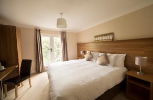 斯莱戈河畔酒店的一间卧室配有一张床、一张书桌和一个窗户。