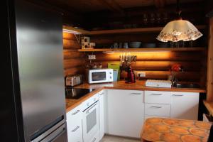 阿克雷里Akureyri Log Cottage的厨房配有白色橱柜和不锈钢冰箱