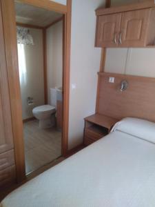 布尔戈斯露营富恩特斯卡斯酒店的一间卧室配有一张床,浴室设有卫生间