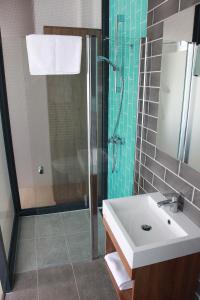 克塞洛Portré Apartman的一间带水槽和淋浴的浴室