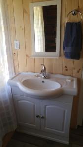 克利尔沃特Wolfwood Guest Ranch的浴室设有白色水槽和镜子