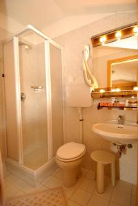 利维尼奥Hotel La Baita的带淋浴、卫生间和盥洗盆的浴室
