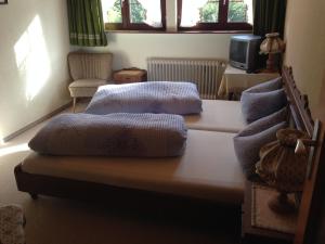 VöhrenbachCafé - Pension Bernreutehof的客房设有两张床、一台电视和窗户。