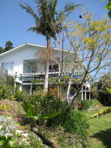 拉塞尔Aimeo Cottage的前面有棕榈树的白色房子