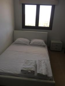 基佩朗达Kyperounta Apartment的配有窗户的客房内的一张带白色床单和枕头的床