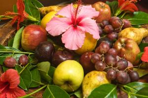 塔里法百分百乐趣酒店的一堆水果和蔬菜,花粉粉