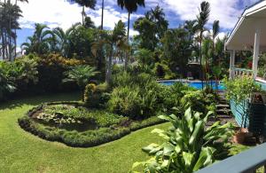 希洛兰花树住宿加早餐旅馆的一个带游泳池和花园的庭院