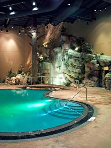 马里斯维尔Tulalip Resort Casino的一个带瀑布和岩石墙的游泳池