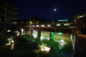 帕莫卡莱西耶拉帕克温泉Spa酒店的夜间穿越河上的桥梁的火车