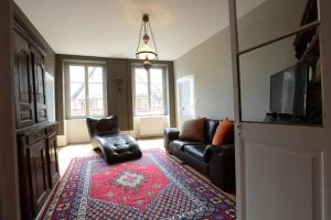 科尔马Les Appartements Saint Nicolas的客厅配有黑色皮沙发和红色地毯
