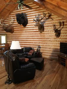 OcklawahaLog Home Guest House的客厅配有沙发,墙上挂着鹿头
