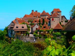 Saint-Médard-de-Presque绍米尔德住宿加早餐旅馆的山坡上一排有红色屋顶的房屋