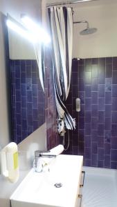 勒博塞西嘉列酒店的浴室设有水槽和紫色瓷砖淋浴。