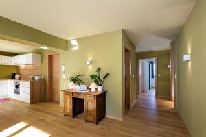 普范德斯普范德斯公寓的厨房设有绿色的墙壁和木桌