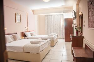 帕拉利亚卡泰里尼斯Hotel Vizantio的酒店客房设有两张床和窗户。