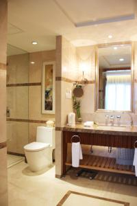 南京Glarun Jinling Hotel的一间带卫生间、水槽和镜子的浴室