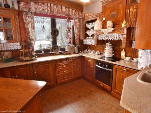 布伦纳Domek nad rzeką的厨房配有木制橱柜、水槽和窗户。