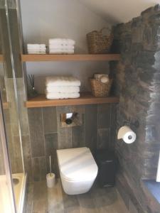 兰戈伦Riverside Suites Llangollen的浴室设有白色卫生间和一些毛巾。