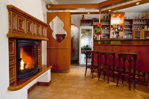 大洛西尼瓦内克旅馆的一个带壁炉和酒吧凳的酒吧