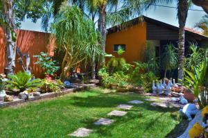 利维尼姆爱叶乐特奥哈维姆山林小屋的一座花园,花园内种有棕榈树和植物,位于一座房子前面