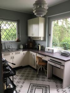 索林根Villa Heidi的厨房配有白色橱柜、水槽和窗户。