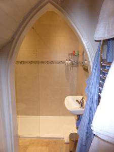 巴斯海豚之家酒店的带淋浴和盥洗盆的浴室