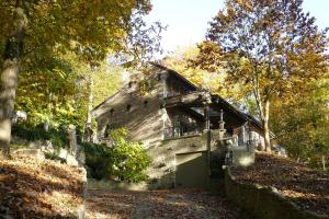 鲁汶Trumpet House的一座古老的石头房子,在树林里设有一个车库