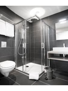 贝尔福卷尾猴餐厅酒店的带淋浴、卫生间和盥洗盆的浴室