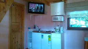 派尔努Jaani Puhkemaja的厨房配有白色冰箱,墙上配有电视