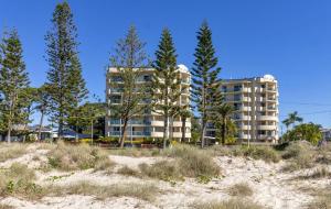 黄金海岸皇家太平洋度假酒店的海滩上的一座建筑,前面有树木