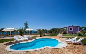 诺维格勒伊斯特拉Premium Sirena Village Mobile Homes的一个带椅子和遮阳伞的游泳池以及一座房子