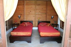 奥拉涅斯塔德Statia Lodge的木墙客房的两张床