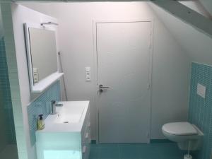 雷斯蒂涅La Récré的浴室配有卫生间、盥洗盆和淋浴。