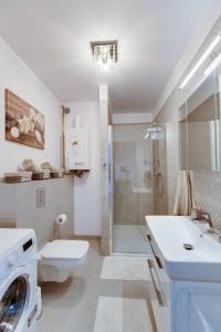 尤斯托尼莫斯基Apartament Crystal的一间带水槽、卫生间和淋浴的浴室
