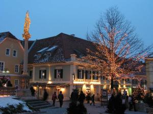 哈特贝格泽姆布劳豪斯餐厅旅馆的前面有圣诞树的建筑
