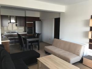 基佩朗达Kyperounta Apartment的客厅以及带沙发和桌子的厨房。