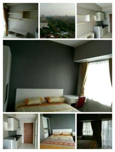 德波DSR Apartment Margonda Residence 5的一张带床和窗户的卧室的照片拼在一起