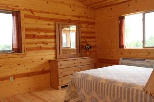 West SalemNeshonoc Lakeside Camping Resort的小木屋卧室设有床和窗户