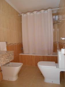 托雷德尔马尔Apartamentos Turisticos Las Yucas的一间带卫生间和淋浴帘的浴室