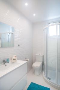 米克诺斯城Chora House的带淋浴和卫生间的白色浴室