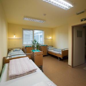 尼赖吉哈佐Borbányai Rehabilitációs Ház的一间医院间,设有两张床和窗户