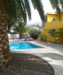 洛斯·亚诺斯·德·阿里丹Apartamentos Villa María的棕榈树屋旁的游泳池