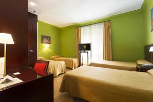 格拉纳达Hotel Carlos V的一间酒店客房,设有两张床和绿色的墙壁