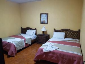 乌鲁阿潘Hotel Nuevo Cupatitzio的客房设有两张床和一张带台灯的桌子。
