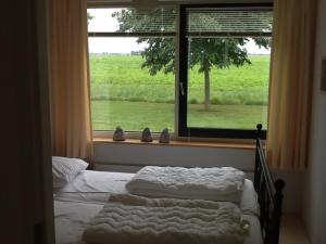 曲马勒姆Stinswoning "de Wadden" in Tzummarum的一间卧室设有两张床和一个美景窗户。